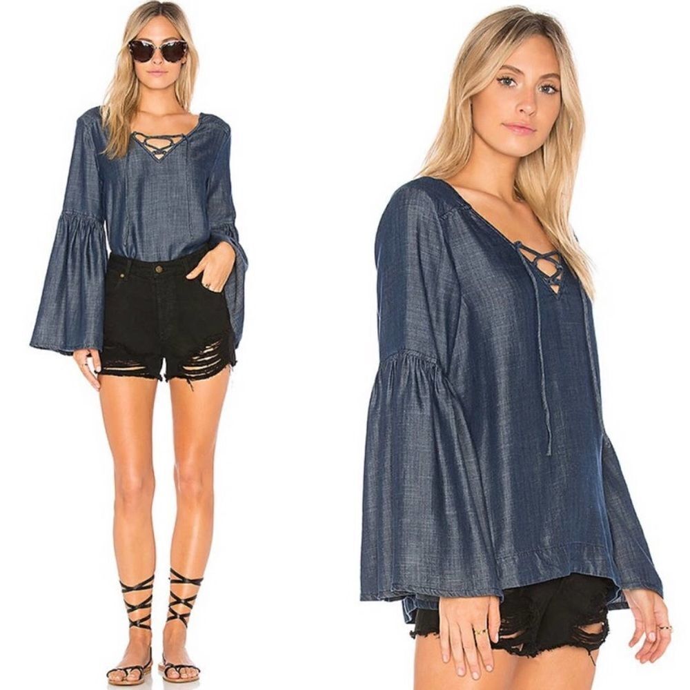 Sanctuary S Lace up front v neck long bell sleeve blue denim blouse